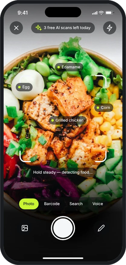 Photo logging: the camera names each food in a salad bowl